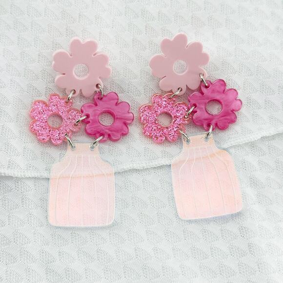 Flower Vase Drop Earrings, Acrylic Earrings, Novelty Earrings, Floral Jewelry - Picture 2 of 4
